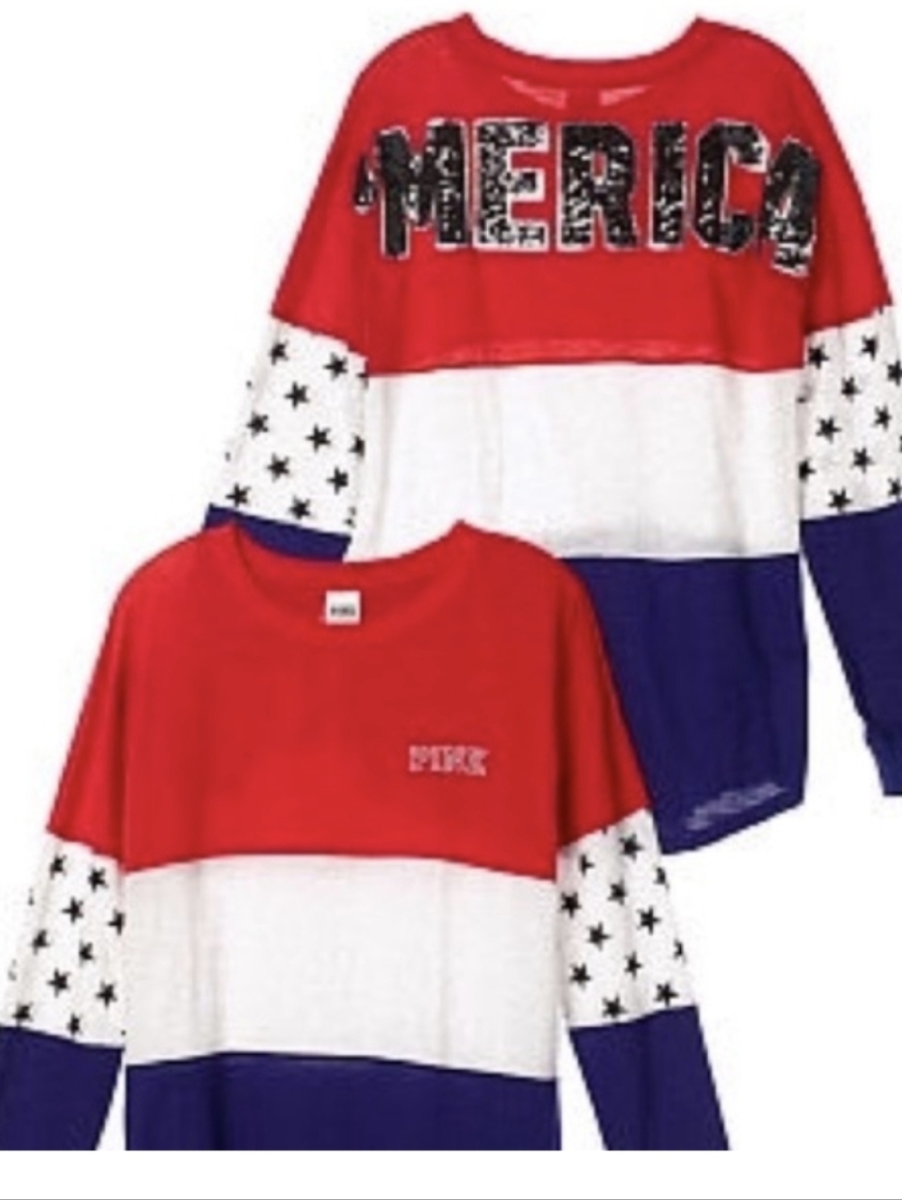 Victoria's Secret Pink 'Merica Sequin Bling Red Blue Varsity Crew Tee Medium